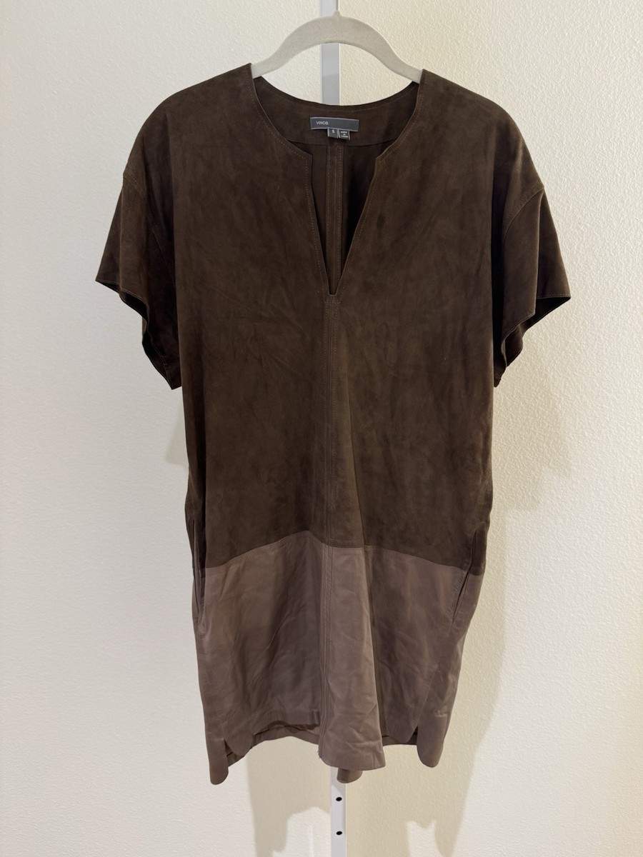 VINCE Brown Suede Leather Shift Dress Sz S Small