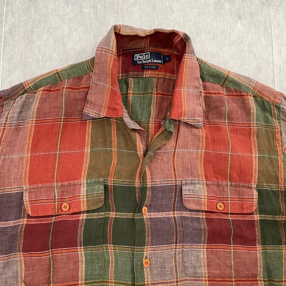 VINTAGE Polo Ralph Lauren Shirt Adult Large Linen Button Up Short Sleeve Mens L - Image 3 of 4