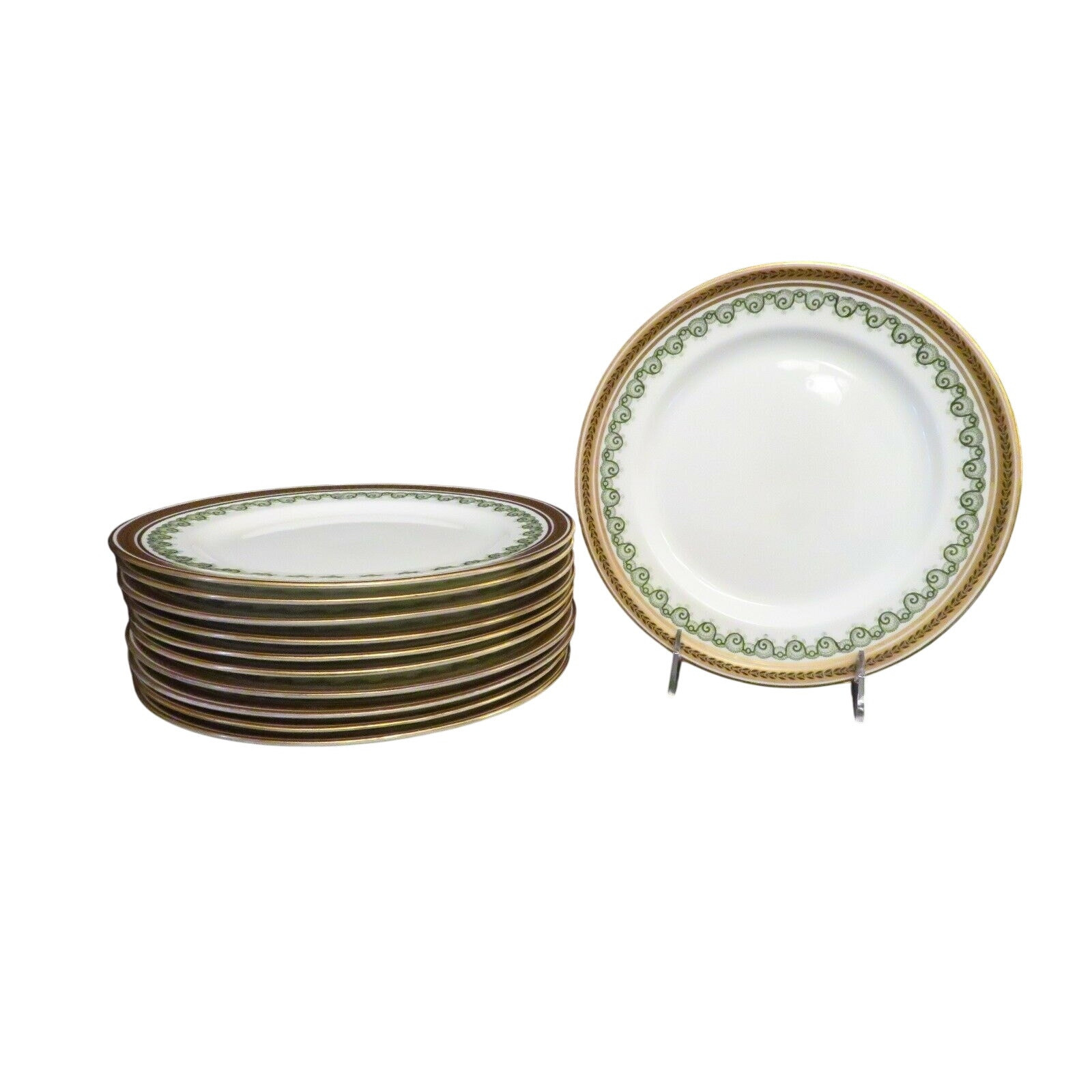 Set of 11 Royal Doulton AVONDALE #E1304 Green & Gold 9" Luncheon Plates, England