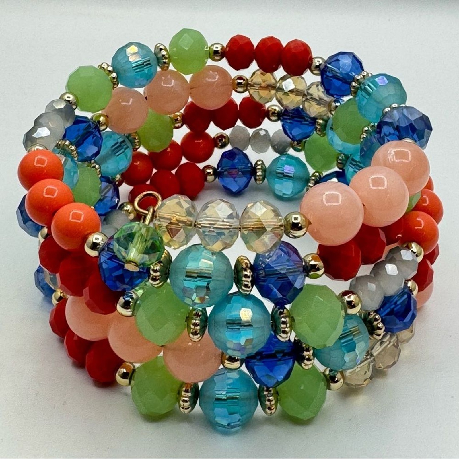 Multicolor Beaded Memory Wire Bracelet Crystal Gl… - image 3