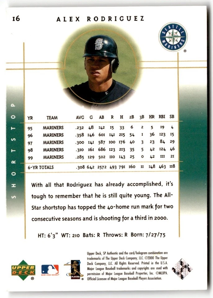 Alex Rodriguez 2000 SP Authentic #16 Seattle Mariners - Image 2 of 2