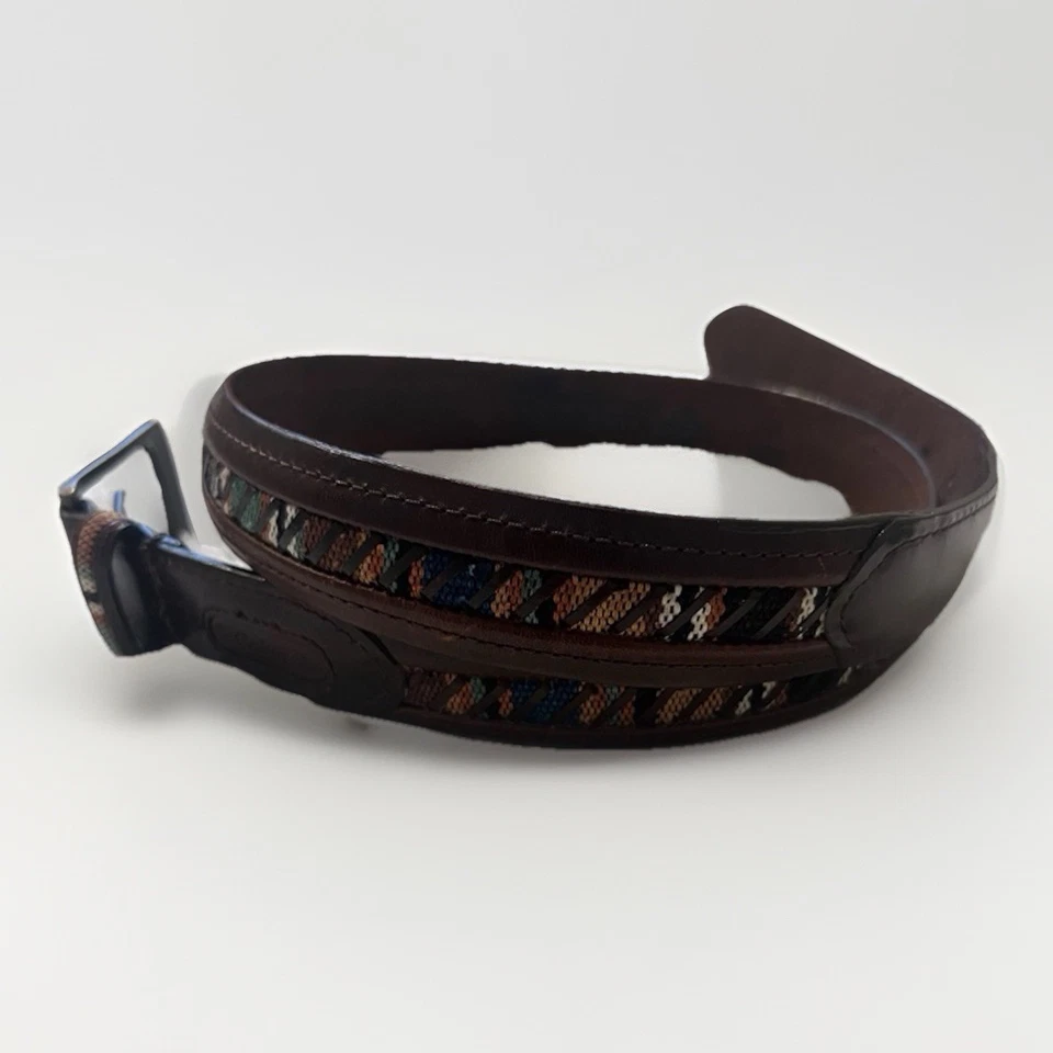 Cinturón Baja de cuero marrón Columbia vintage con incrustación de tela guatemalteca talla 38 Foto 2 de 4