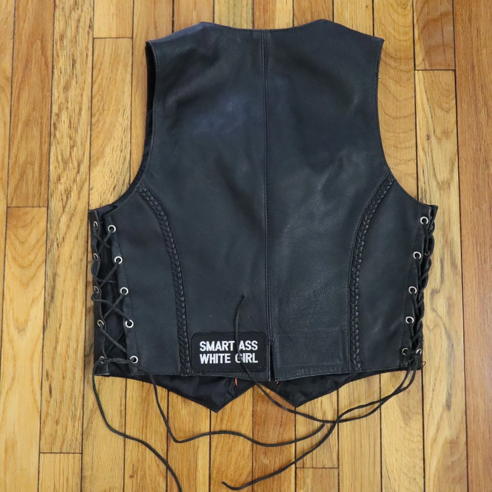 Vtg Leather Biker Vest Womens L Laced Sides Patches Jack Daniels Harley HOG Pin - Image 2 of 4