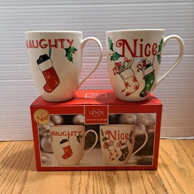 Lenox Naughty Or Nice Coffee Tea Mug Christmas Holiday Stockings 14Oz 4.5''H Qty2