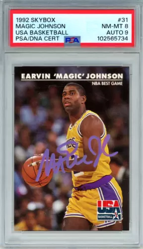 MAGIC JOHNSON Signed 1992 Skybox USA Basketball #31 PSA 8 Auto 9