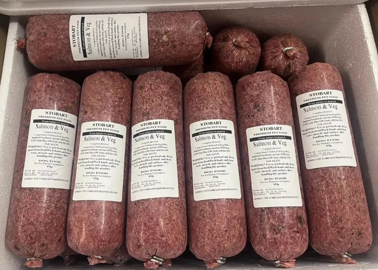 STOBART RAW FROZEN DOG FOOD SALMON & VEG 454 GRAMS EACH CHUB 20/30