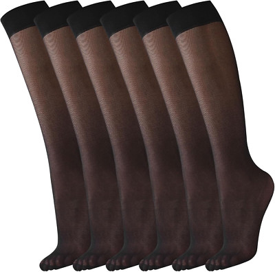 6 Pairs Knee High Stockings for Women, Elastic Fine Sheer Socks with Reinforced 