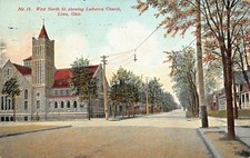 LIMA OH~WEST NORTH ST SHOWING STONE LUTHERAN CHURCH-1910 WEIXELBAUM POSTCARD 
