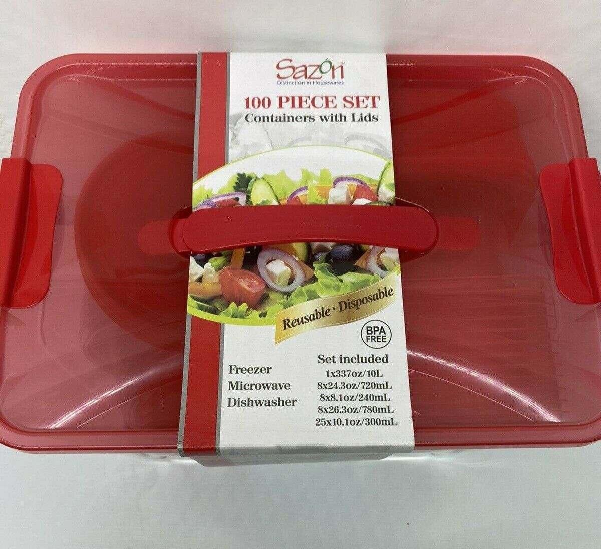 New 100pc Set containers with red plastic lids, reusable, disposable Sazon