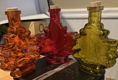 Lot of 3 Maple Leaf Jar Containers With Cork Lids - Red Jar Has Crack On Bottom!