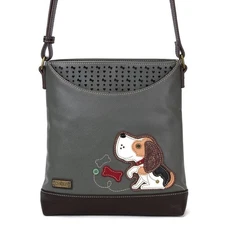 Chala Vegan Crossbody Bag Beagle Dog Applique Gray/Brown Adjustable Straps Zip