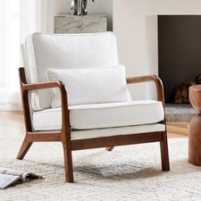 Linen Fabric Comfy Accent Chair Mid Century Chair Lumbar Pillow Lounge Arm Chair