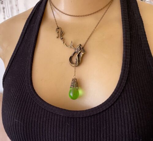 Mermaid Necklace Art Nouveau Siren Lariat Pendant W/ Antique Green Czech Glass - Picture 2 of 5