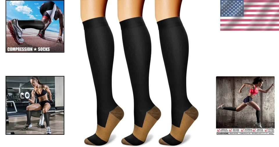 Compression Socks for Women & Men - 3 Pairs 15-20 mmHg for Athletic Performance - Image 2 of 4