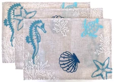 Lot 3 DII Design Imports Seashore Embroidered Placemats 13x19 Seahorse Turtle