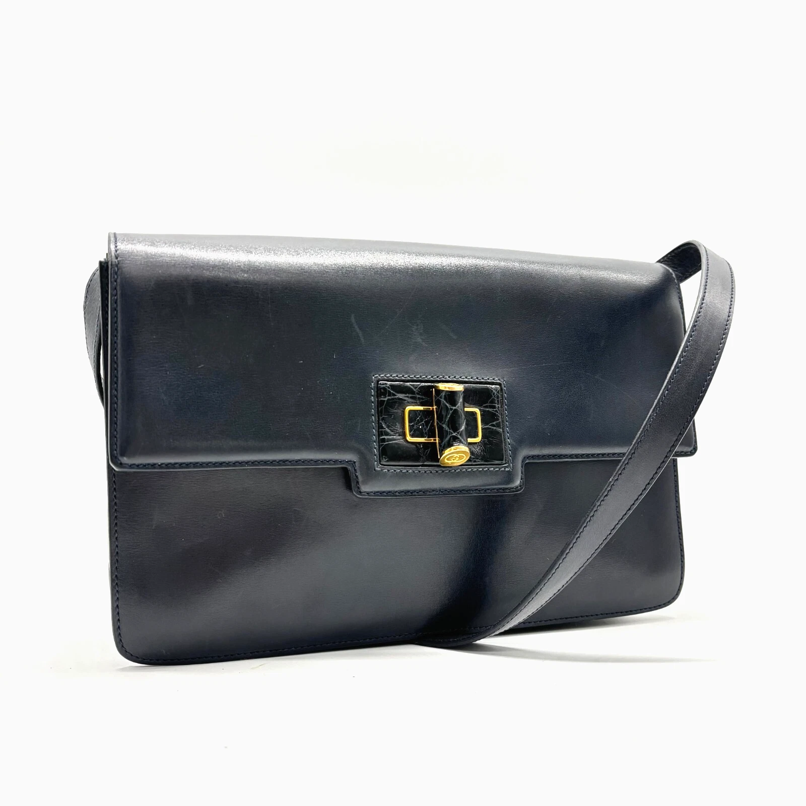 GUCCI Vintage Sac Bandoulière Pochette 2 Voies Cuir Marine Authentique
