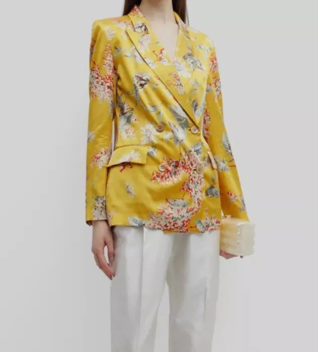 1190 Adriana Iglesias Women s Yellow Silk Floral Blazer Jacket Size FR 42 US 10