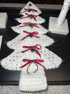 VINTAGE Handmade CROCHET Christmas TREE wall hanger bows ornaments beads  decor