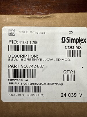 NEW IN BOX SIMPLEX 4100-1296 8 SW 16 GREEN/YELLOW LED MODULE Manu. 2024