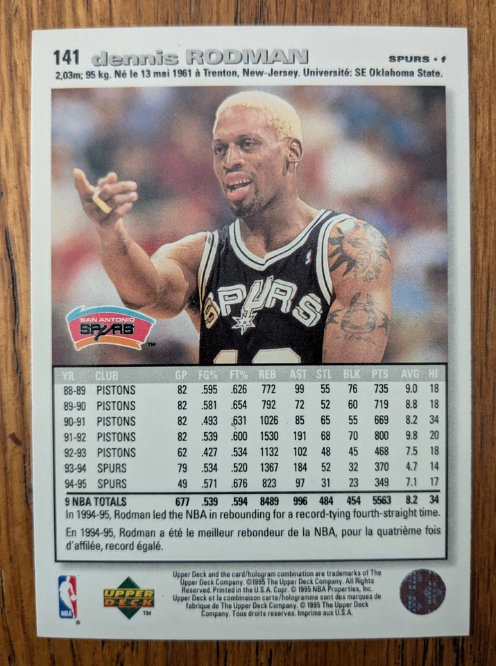 DENNIS RODMAN, 1995-96 UPPER DECK COLLECTOR'S CHOICE INTERNATIONAL #141 FRENCH - Image 2 of 2