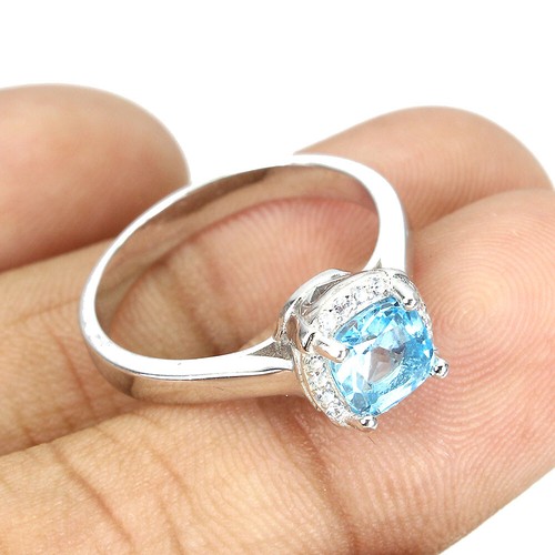 Anillo De Topacio Azul Suizo Simulado De 6mm En Plata De Ley 925 - Imagen 3 de 10
