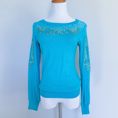 $129 | Womens Unique Sweater Turquoise Gold Embroidered Lace Insert Knit S 