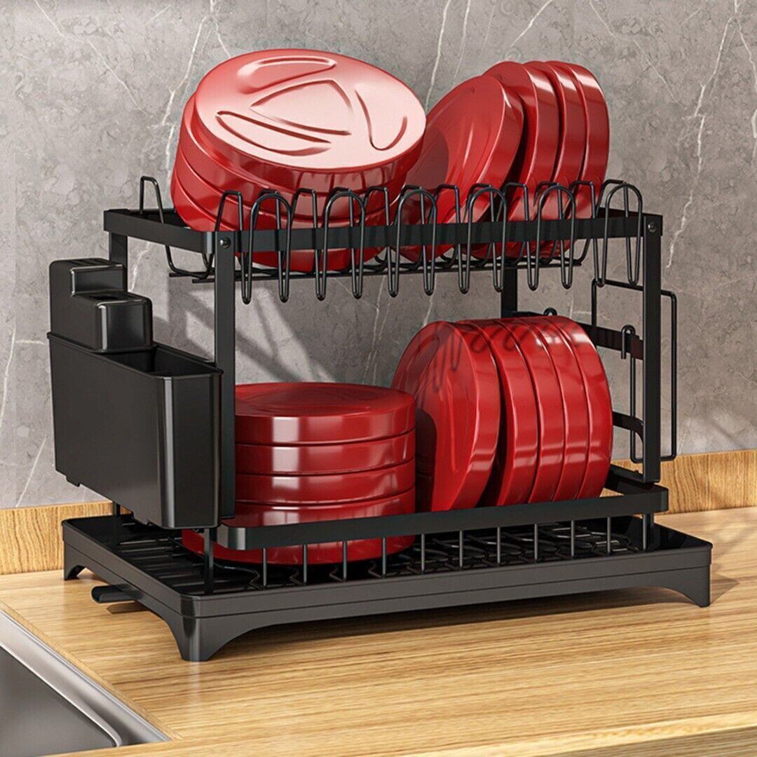 2 Tier Dish Rack Plate Cup Drying Drainer Storage Drip Tray Cutlery