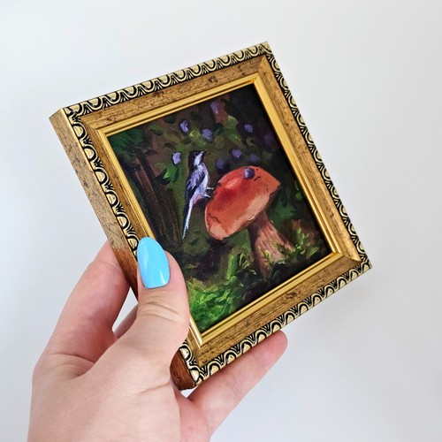 Original Oil Painting Bird on Mushroom Forest Scene Framed 4x4 Inch Autumn - Picture 3 of 12