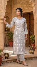 TOP KURTI LONG XS M L 2XL PURE CHANDERI FABRIC HANDMADE ETHNIC CHIKAN EMBROIDERY