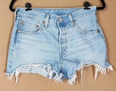 Levis 501 Shorts Womens 30 Blue Light Wash Denim Jean Button Fly Cut Mid Rise
