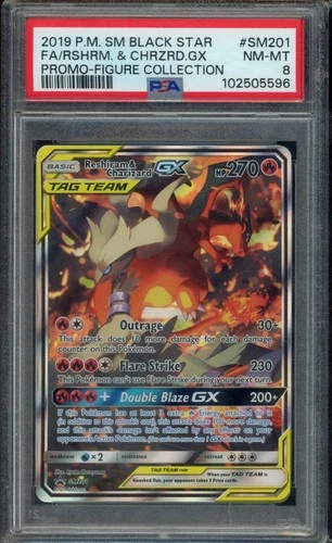 2019 POKEMON SM BLACK STAR PROMO #SM201 FULL ART/RESHIRAM & CHARIZARD GX PSA 8