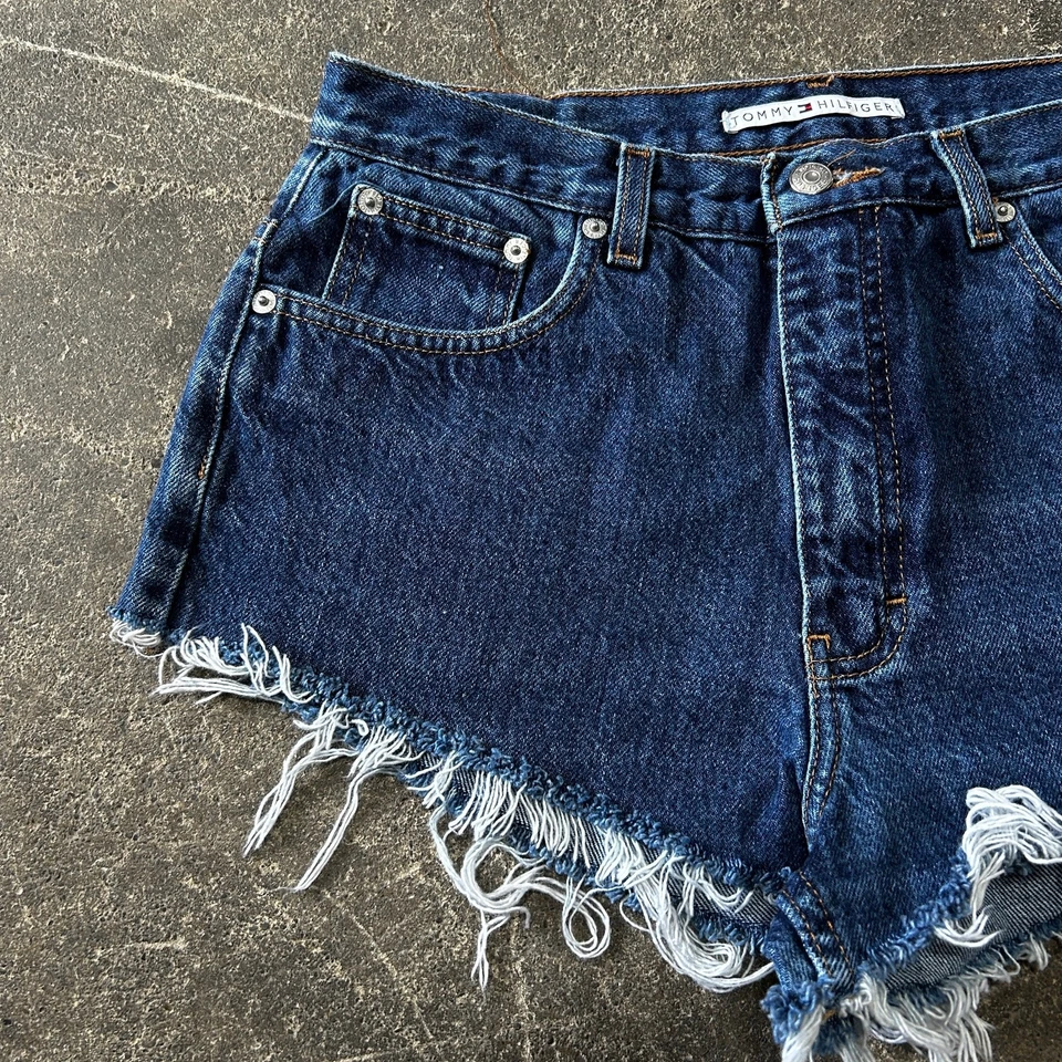 Vintage Y2K Tommy Hilfiger Cut Off Denim Jean Shorts Size 12 Blue 2" Waist 30 - Image 2 of 4