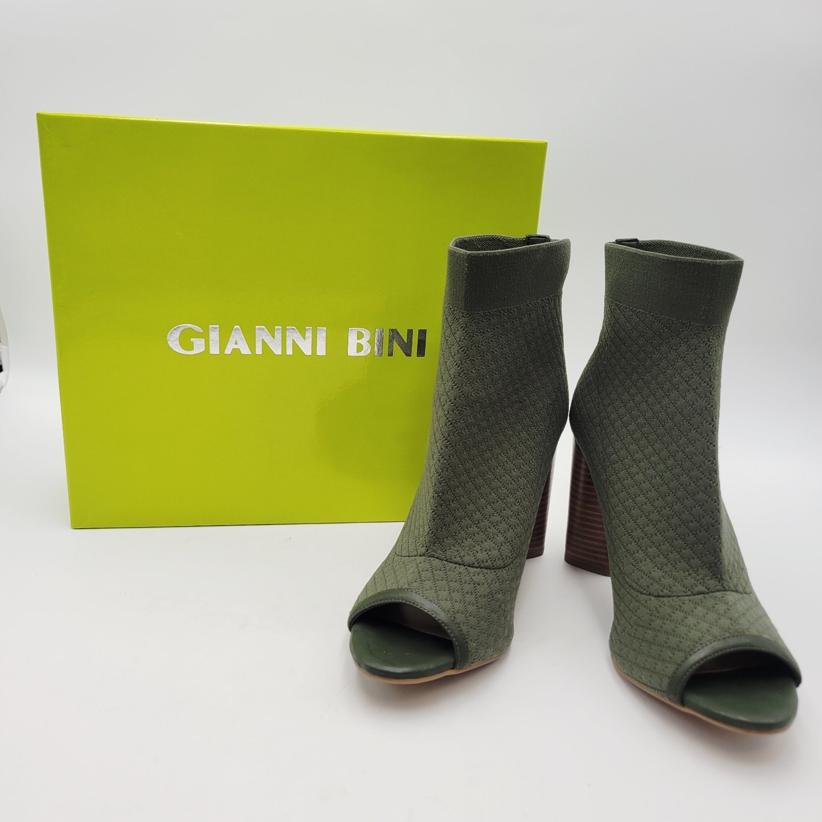 GIANNI BINI Bergen Olive Green Stretch Peep Toe Sock Booties Sz 9 M