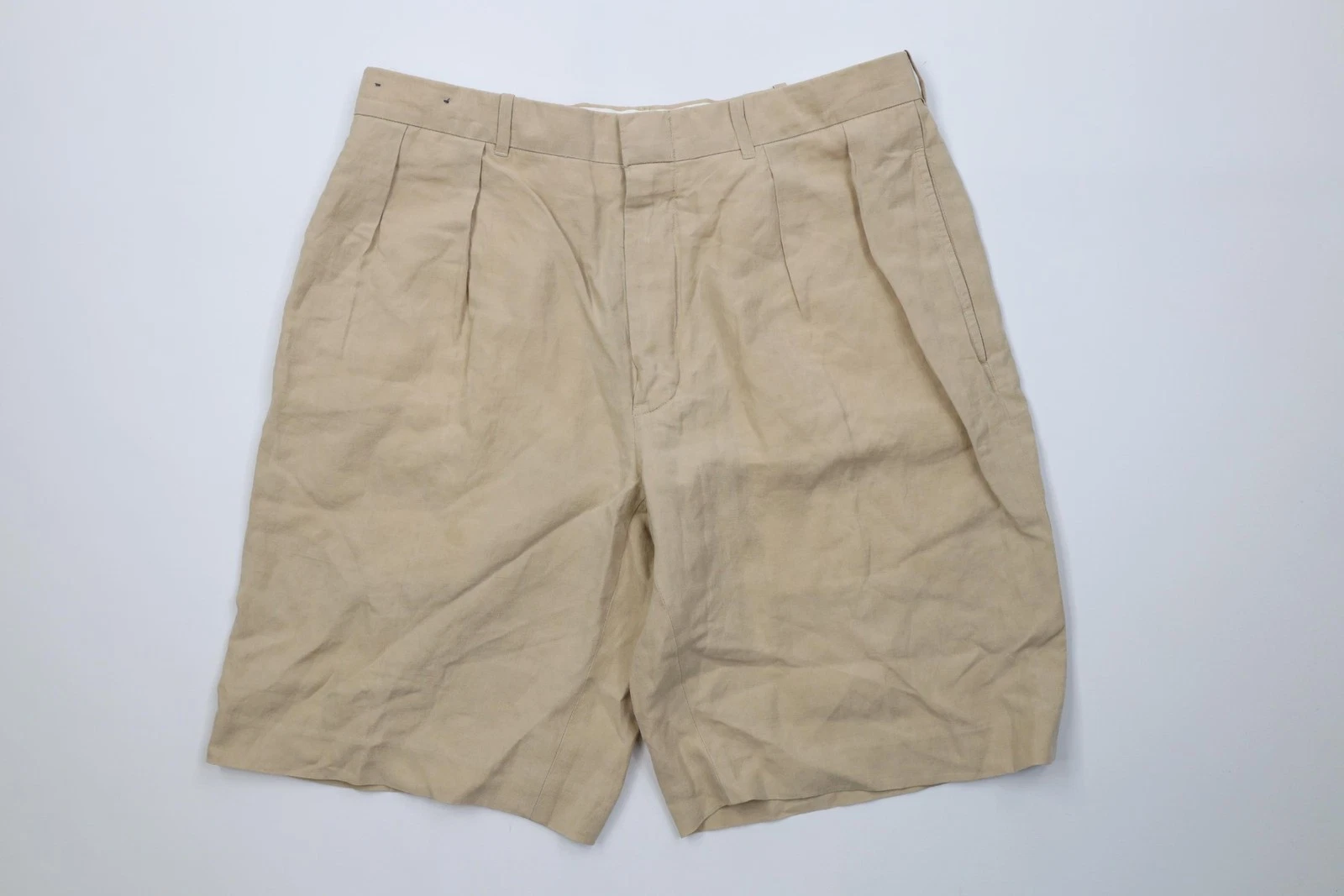 Vtg 90s Ralph Lauren Mens 34 Above Knee Linen Silk Pleated Chino Shorts Beige