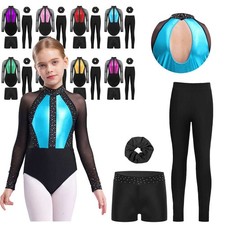 Girls Long Sleeve Sparkly Ballet Dance Bodysuit Biketard Gymnastic Leotard Set