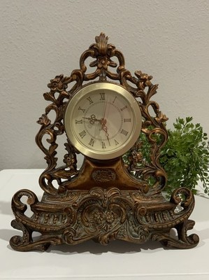 Vtg Ornate Resin Gold Bronze Floral Swirl French Style Table Mantle Quartz Clock