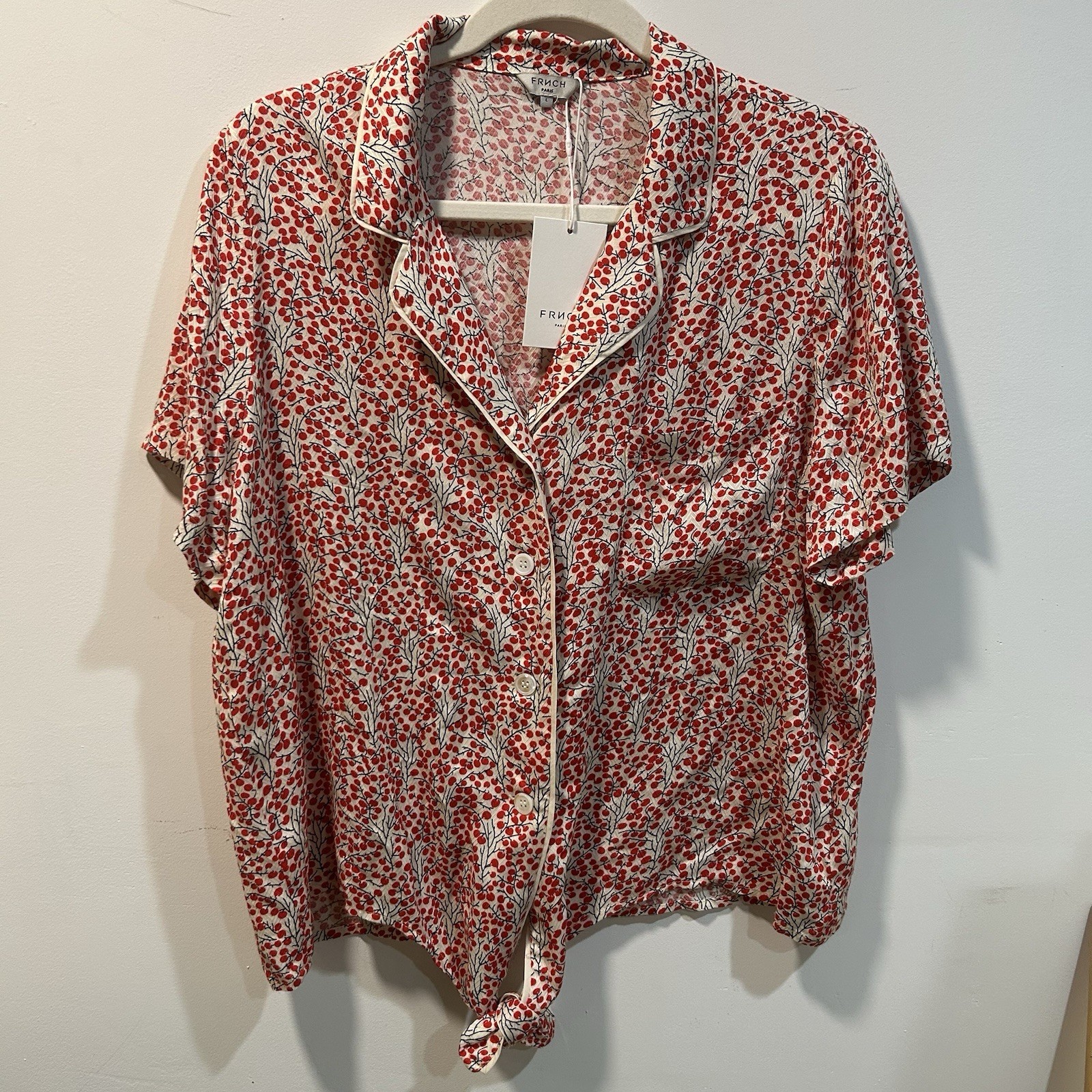 NEW FRNCH Paris Tie Waist Shirt Size L Red And  White 