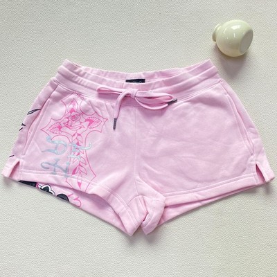 Pink Ed Hardy Rose Cross Sweat Shorts Y2K Tattoo Print