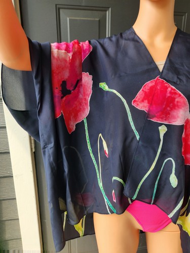 Cocoon House Wearable Art Poppy Flowers Silk Kimono Top Jacket Cardigan Shrug OS - Picture 4 of 18