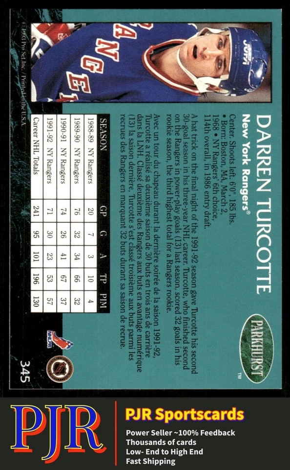 Darren Turcotte 1992-93 Parkhurst #345 New York Rangers - Image 2 of 2