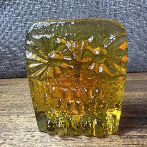 Vintage Blenko Amber Orange Owl Art Glass Paperweight 3 1/4” Tall