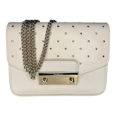 Furla Mini Studded Leather Crossbody Bag Ivory White Shiny Gold Chain