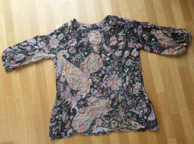 Bluse ZARA Basic Schwarz/ buntes Muster Oversize luftig 3/4 Ärmel Gr. M Taschen