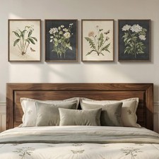 Framed Vintage Botanical Wall Art Bedroom, 4 Piece Rustic Farmhouse Floral Ca...
