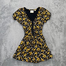 Maeve Dress Women Small Black Yellow Floral Short Sleeve Fit Flare Anthropologie
