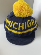 Vintage Michigan Wolverines Knit Pom Pom Visor Beanie Hat Go Blue NCAA Cap OSFA