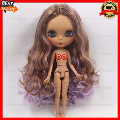 Bjd 12'' Blythe Doll Nude from Factory Brown Mix Purple Hair Matte Face Dark Skin