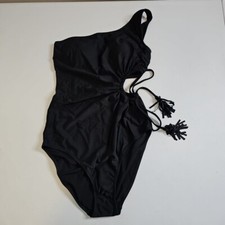 Aerie S Long Black Tassel Cut Out Asymmetrical One Piece Swimsuit One Shoulder