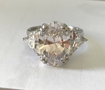 Oval Cut Simulated Diamond Three Stone Ring White Gold Plated Trillion Accent