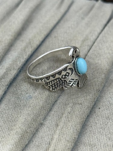 Native American Eagle Ring Silver Tone Navajo Band Bird Faux Turquoise Size O - Picture 8 of 9